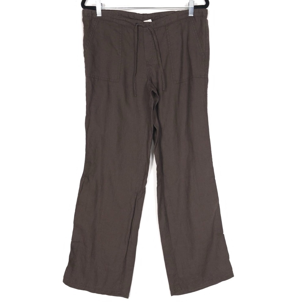 LONDON JEAN 100% LINEN PANTS Size 6 Women's Wide Leg Brown Drawstring Flare